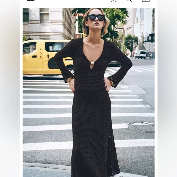 Zara NWT black open weave V-neck midi dress long sleeve gold accents size XS - Picture 14 of 15